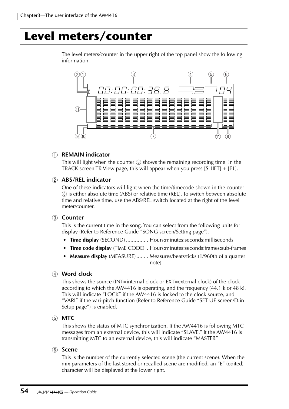 Level meters/counter, 1remain indicator, Babs/rel indicator | Ccounter, Dword clock, Emtc, Fscene | Yamaha AW4416 User Manual | Page 68 / 280