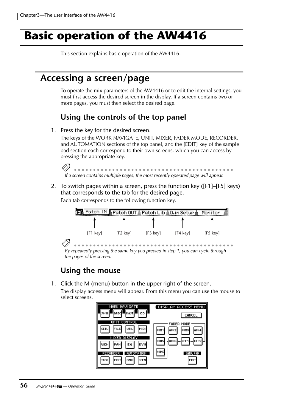 Basic operation of the aw4416, Using the mouse, Automix | Accessing a screen/page, Using the controls of the top panel | Yamaha AW4416 User Manual | Page 70 / 280