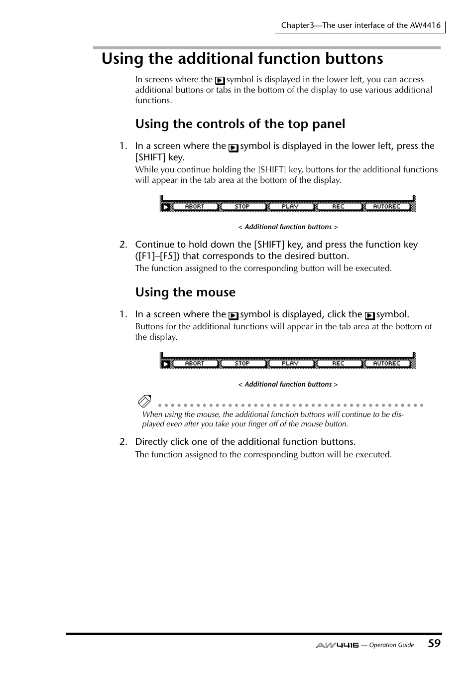 Using the additional function buttons, Using the controls of the top panel, Using the mouse | Yamaha AW4416 User Manual | Page 73 / 280