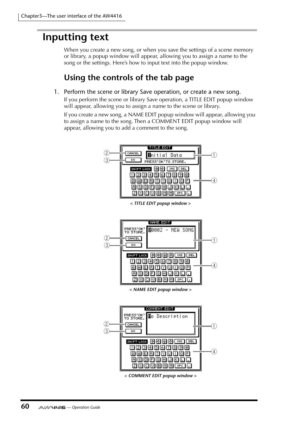 Inputting text, Using the controls of the tab page | Yamaha AW4416 User Manual | Page 74 / 280