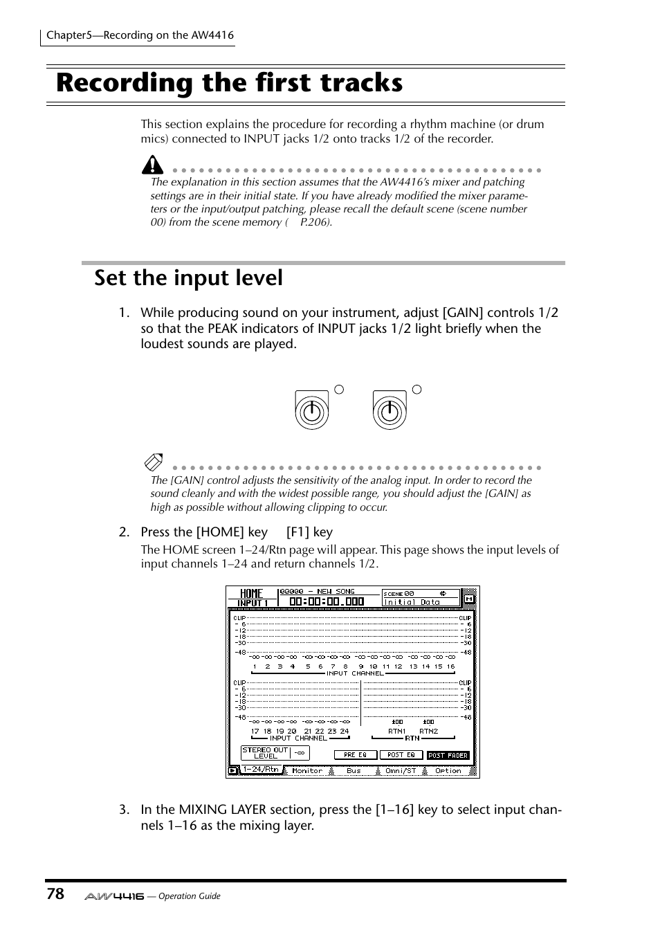 Recording the first tracks, Set the input level | Yamaha AW4416 User Manual | Page 91 / 280