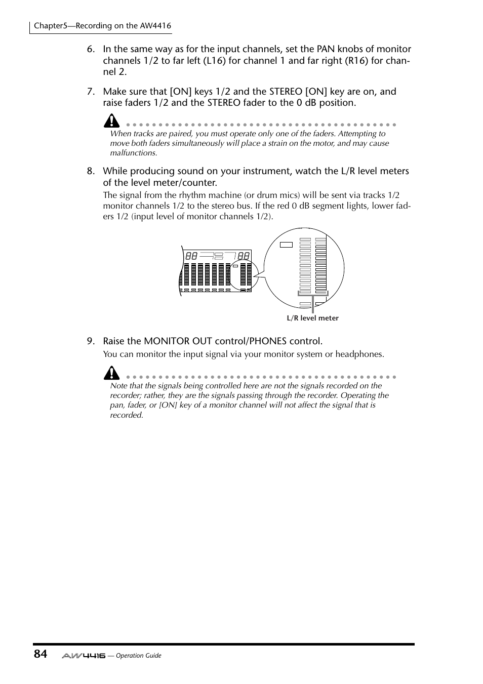 Raise the monitor out control/phones control, L/r level meter, Operation guide | Yamaha AW4416 User Manual | Page 97 / 280