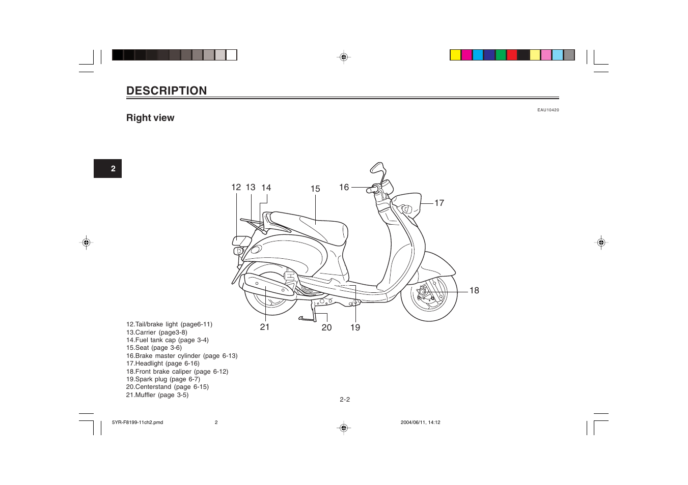 Right view, Description | Yamaha YJ125T User Manual | Page 16 / 76