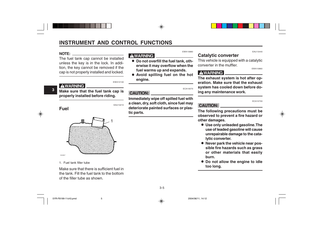 Instrument and control functions | Yamaha YJ125T User Manual | Page 22 / 76