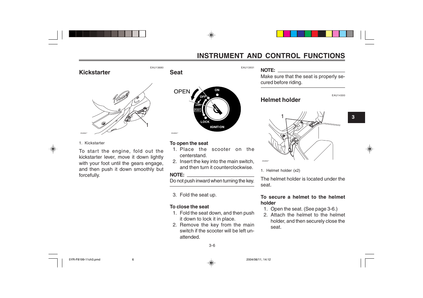 Kickstarter, Instrument and control functions | Yamaha YJ125T User Manual | Page 23 / 76