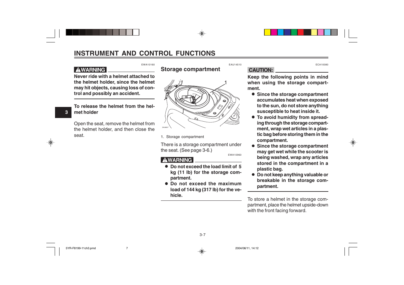 Storage compartment, Instrument and control functions | Yamaha YJ125T User Manual | Page 24 / 76