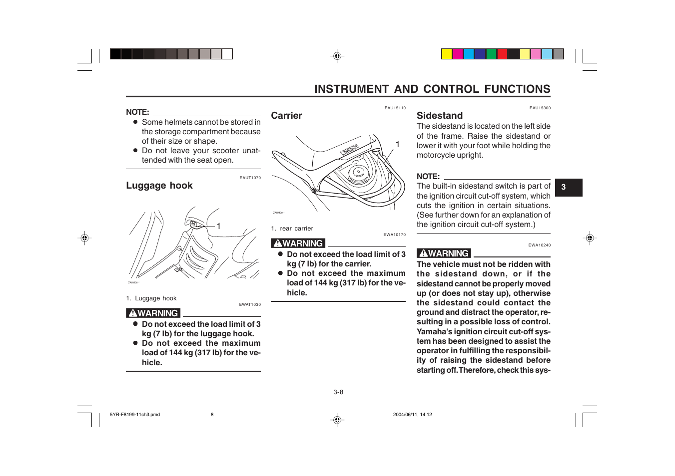 Instrument and control functions | Yamaha YJ125T User Manual | Page 25 / 76