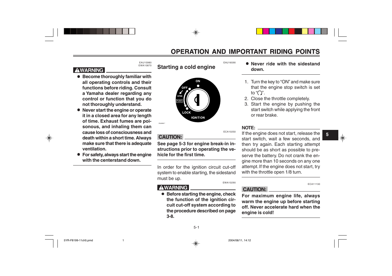 Starting a cold engine, Operation and important riding points | Yamaha YJ125T User Manual | Page 31 / 76