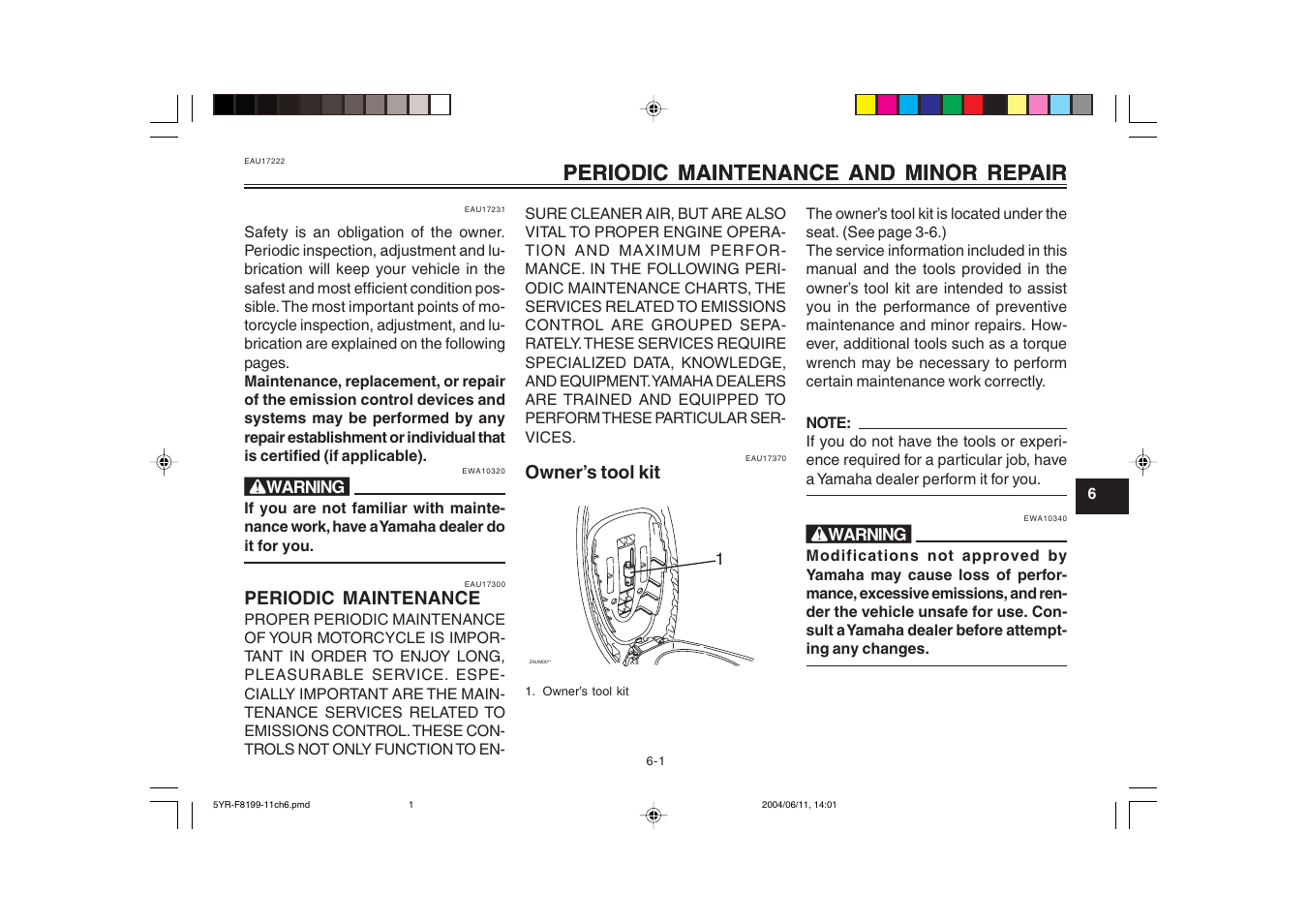 Periodic maintenance and minor repair, Owner's tool kit | Yamaha YJ125T User Manual | Page 35 / 76