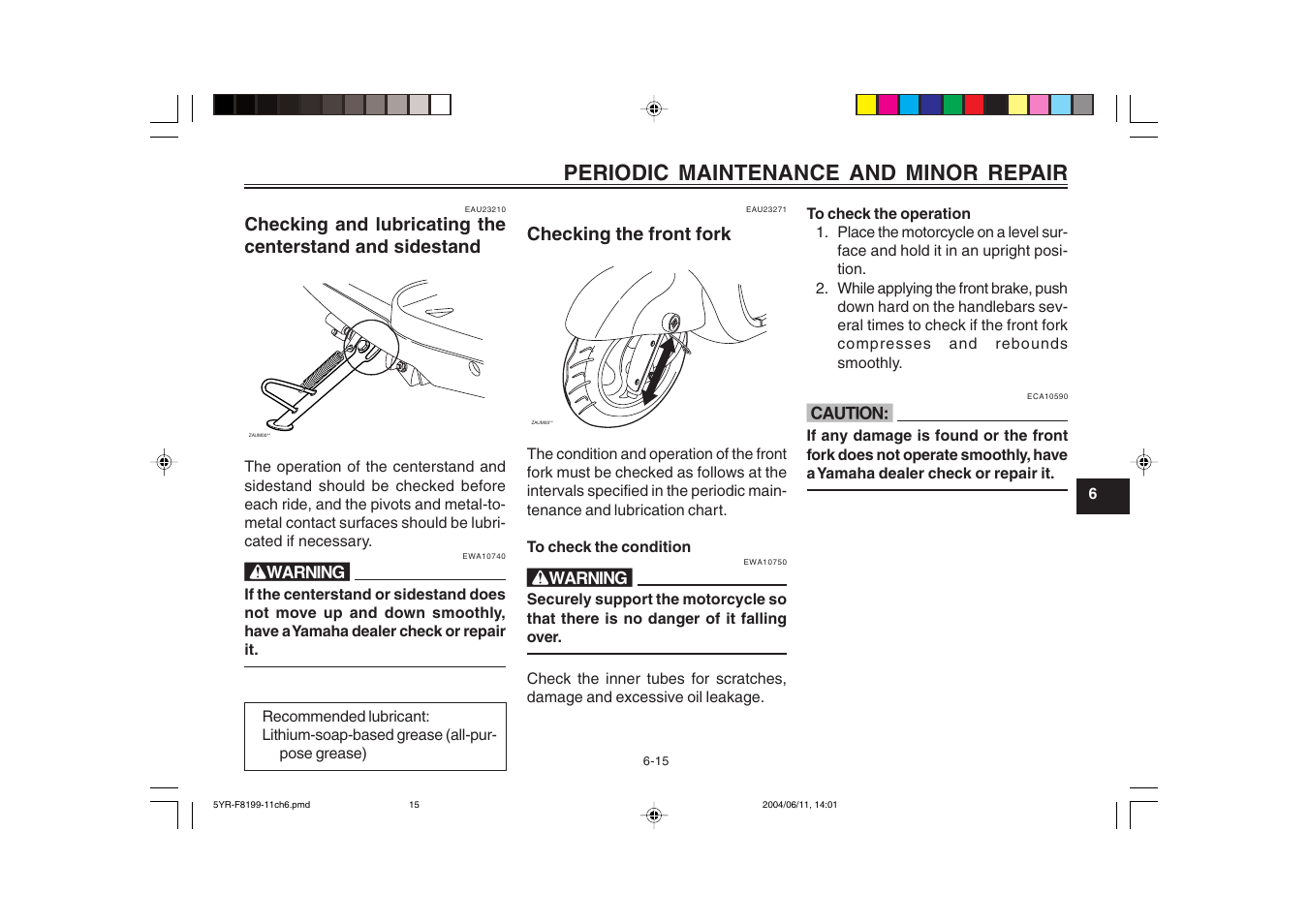 Checking the front fork, Periodic maintenance and minor repair | Yamaha YJ125T User Manual | Page 49 / 76