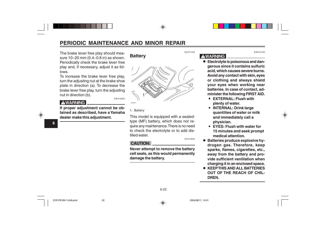 Battery, Periodic maintenance and minor repair | Yamaha YJ125T User Manual | Page 56 / 76