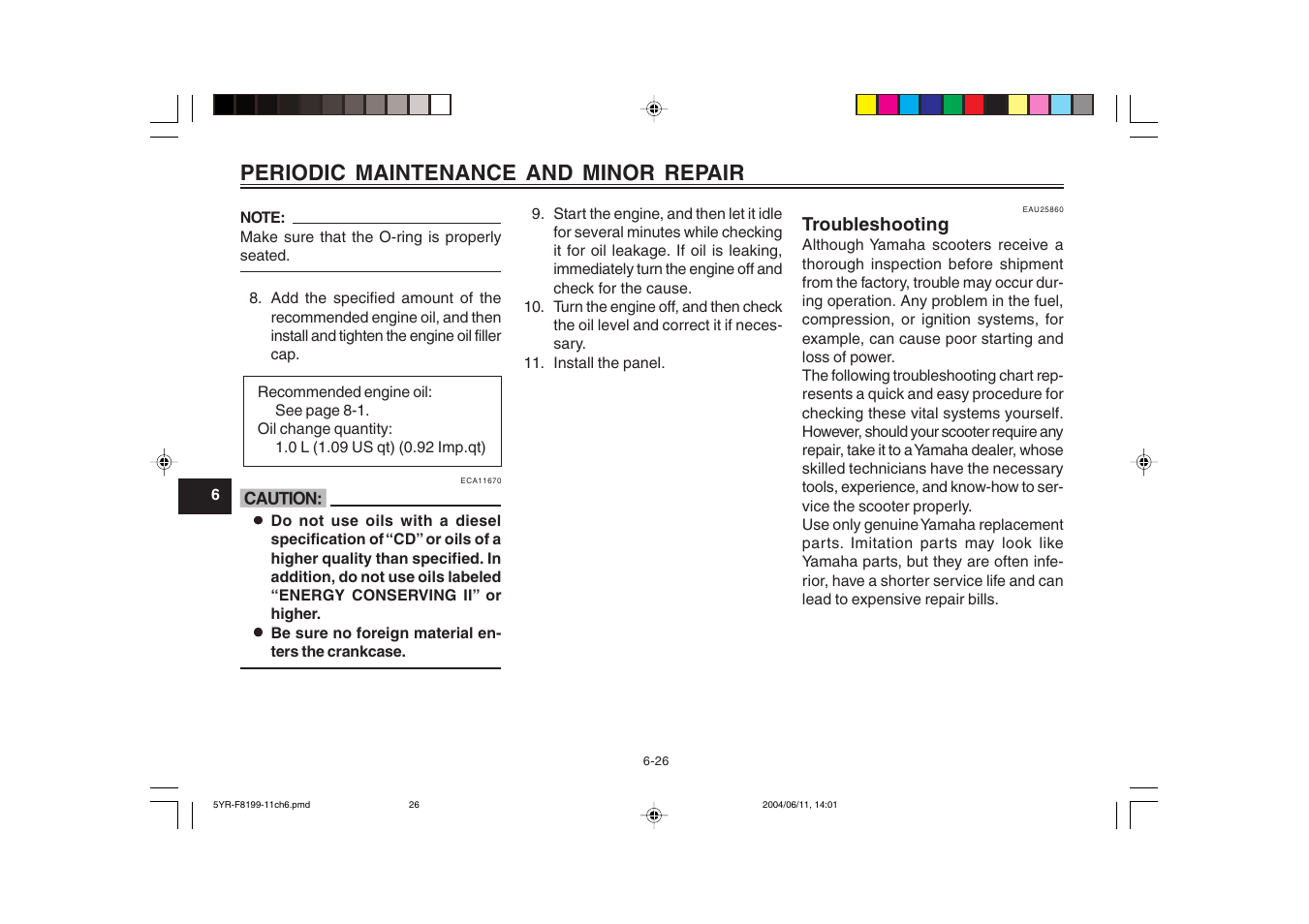 Troubleshooting, Periodic maintenance and minor repair | Yamaha YJ125T User Manual | Page 60 / 76