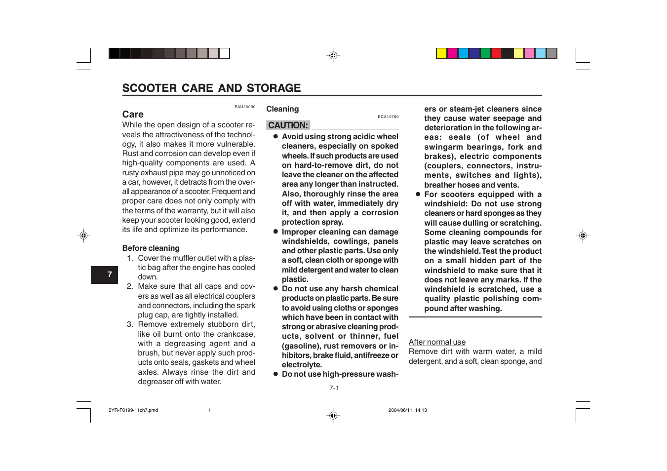 Scooter care and storage, Care | Yamaha YJ125T User Manual | Page 62 / 76