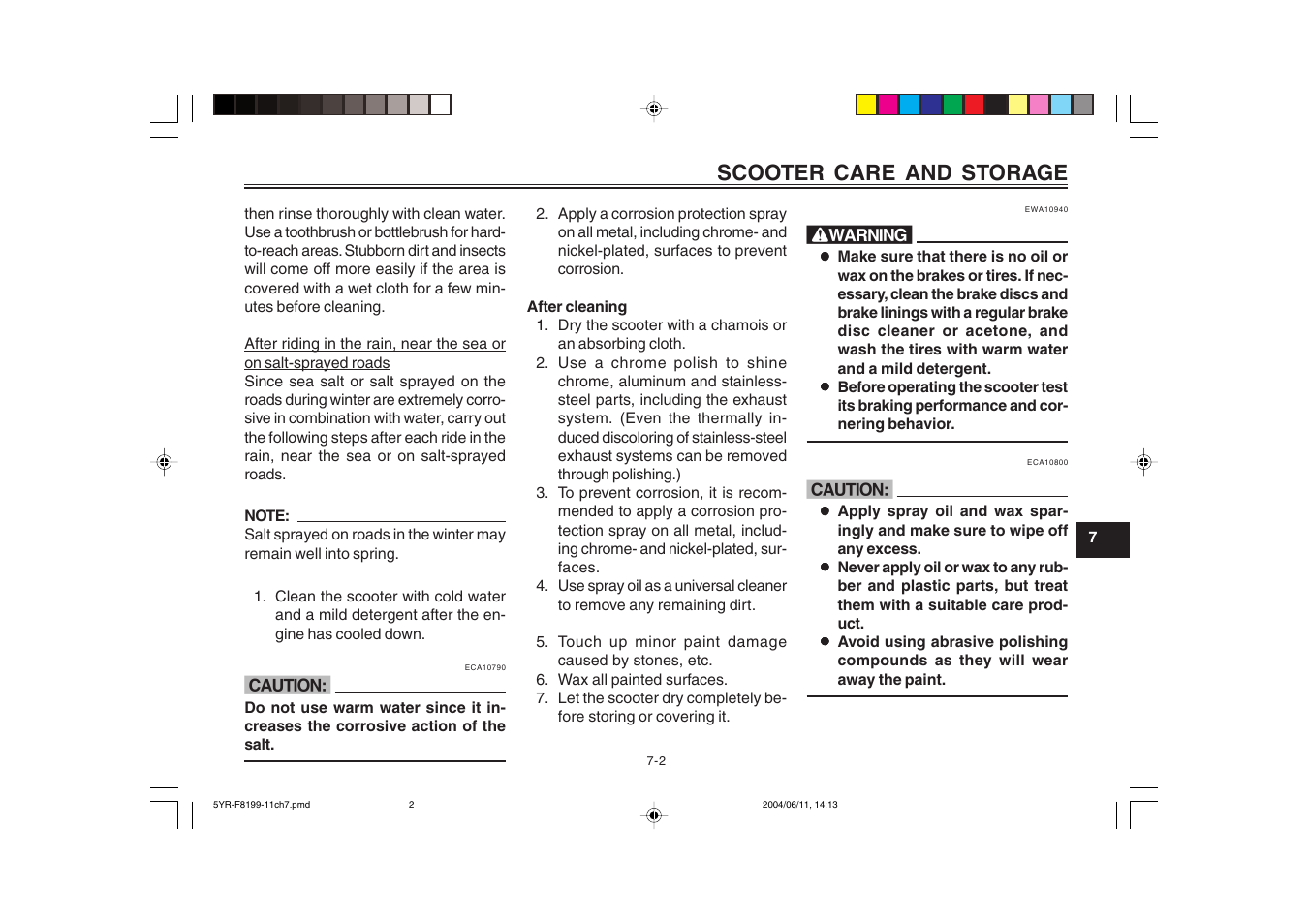 Scooter care and storage | Yamaha YJ125T User Manual | Page 63 / 76