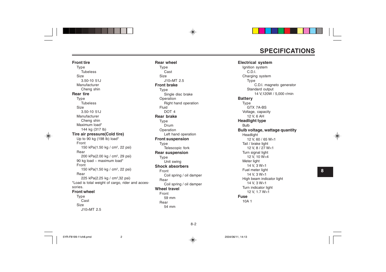 Specifications | Yamaha YJ125T User Manual | Page 67 / 76