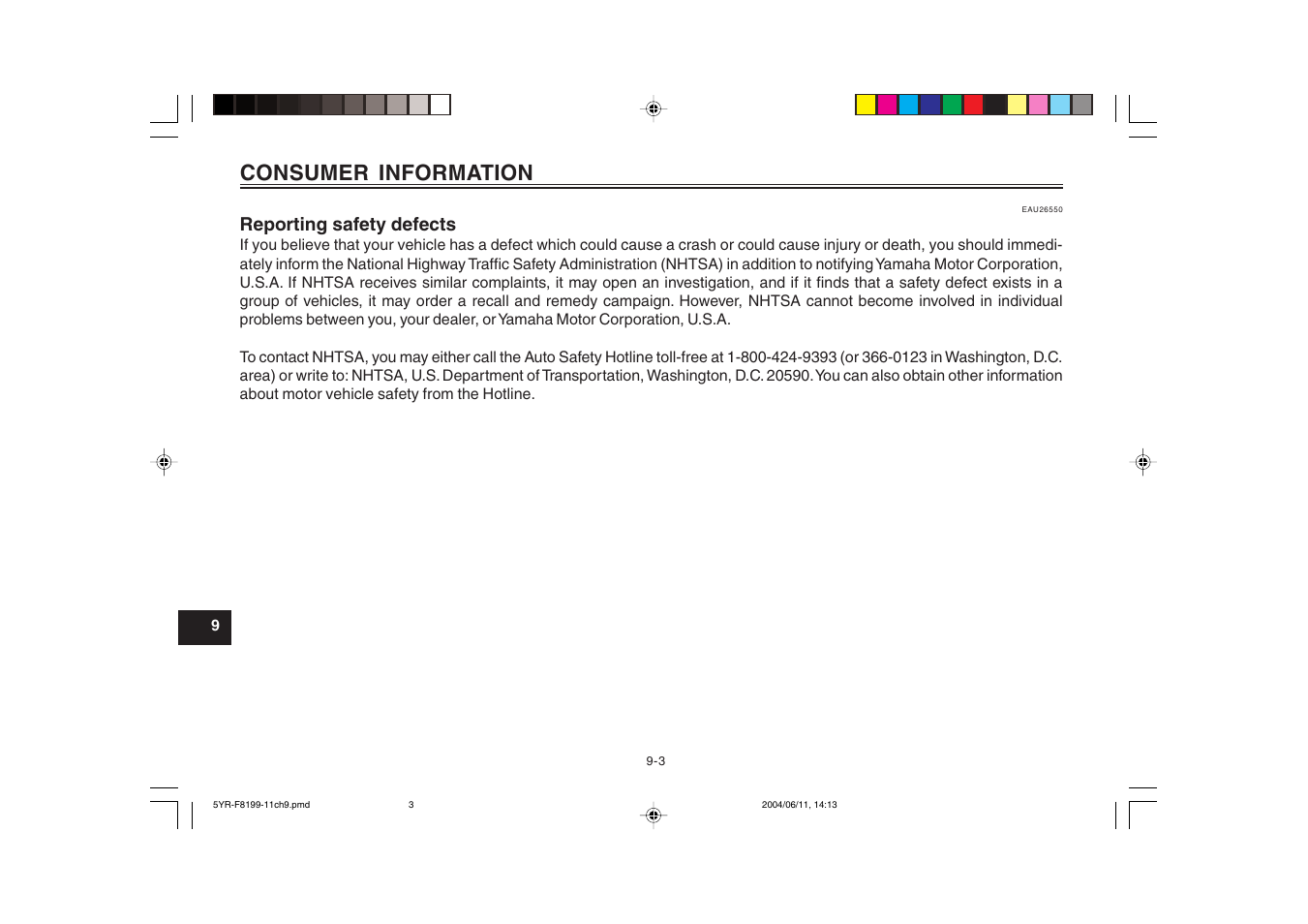 Reporting safety defects, Consumer information | Yamaha YJ125T User Manual | Page 70 / 76