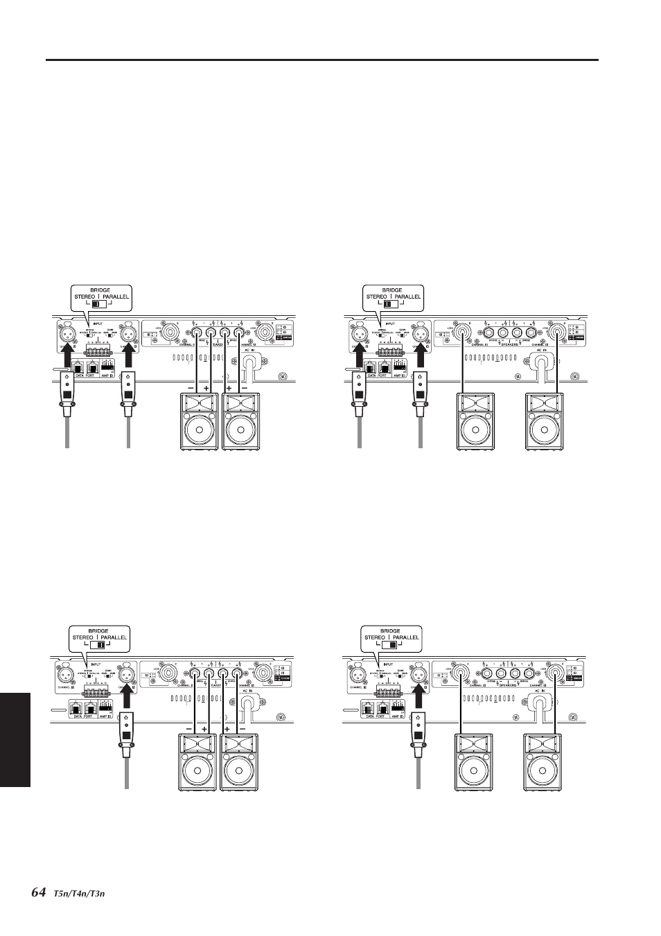 スピーカーの接続, Stereoモードでの接続, Parallelモードでの接続(モノラル信号で2チャンネル駆動) | Yamaha T3n User Manual | Page 8 / 18