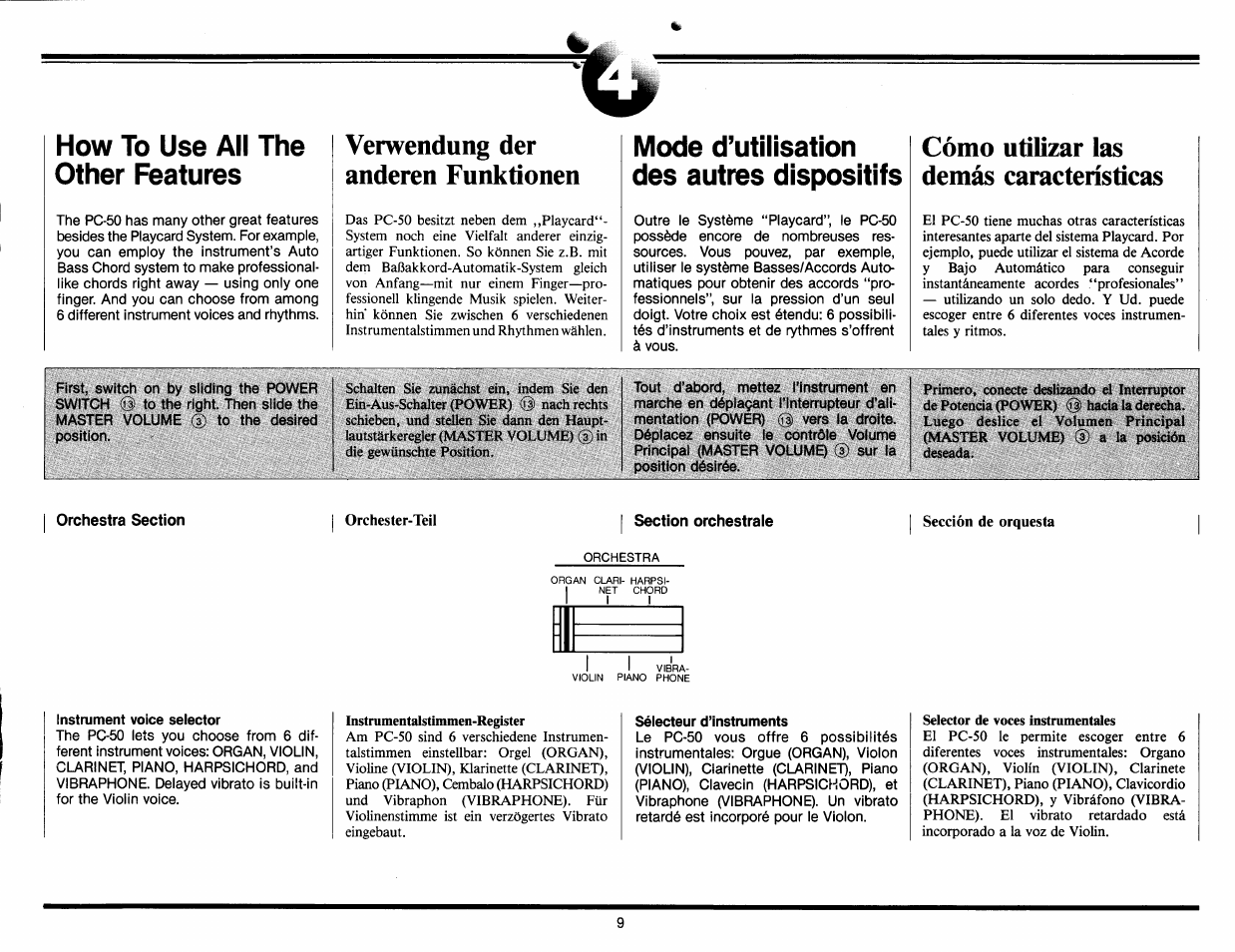 How to use all the other féatures, Verwendung der anderen funktionen, Mode d’utilisation des autres dispositifs | Cómo utilizar las demás características, Orchestra section, Section orchestrale, Instrument voice selector, Sélecteur d’instruments | Yamaha Portasound PC-50 User Manual | Page 11 / 24