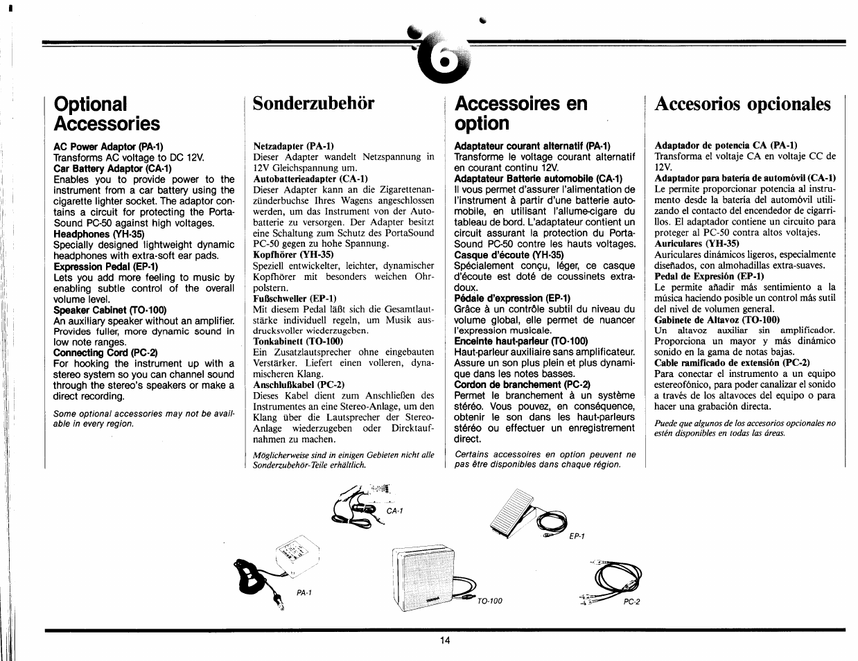 Optional, Accessories, Ac power adaptor (pa-1) | Sonderzubehör, Accessoires en option, Accesorios opcionales, Optional accessories | Yamaha Portasound PC-50 User Manual | Page 16 / 24