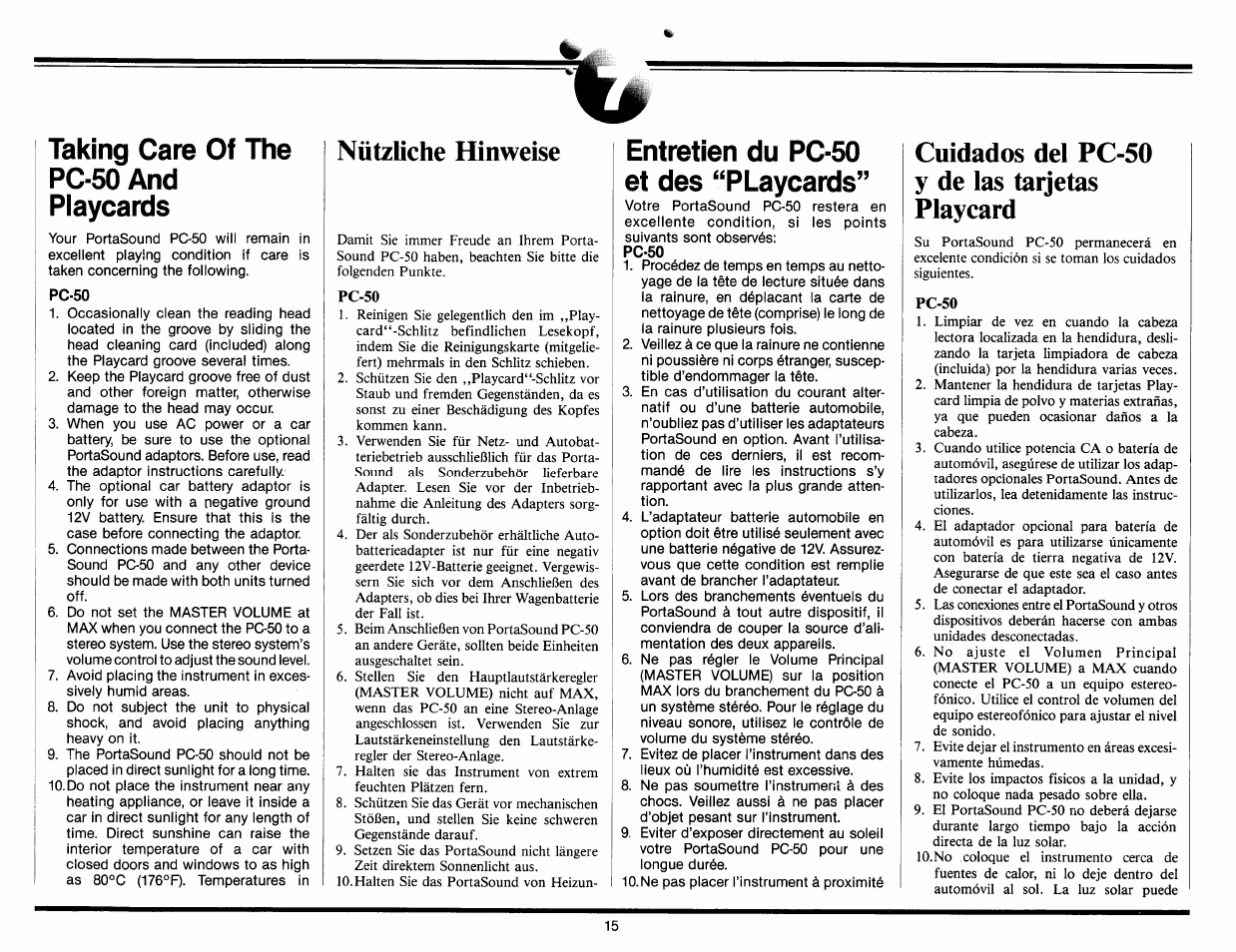 Taking care of the pc-50 and playcards, Pc-50, Nützliche hinweise | Entretien du pc-50 et des “playcards, Cuidados del pc-50 y de las tarjetas playcard | Yamaha Portasound PC-50 User Manual | Page 17 / 24