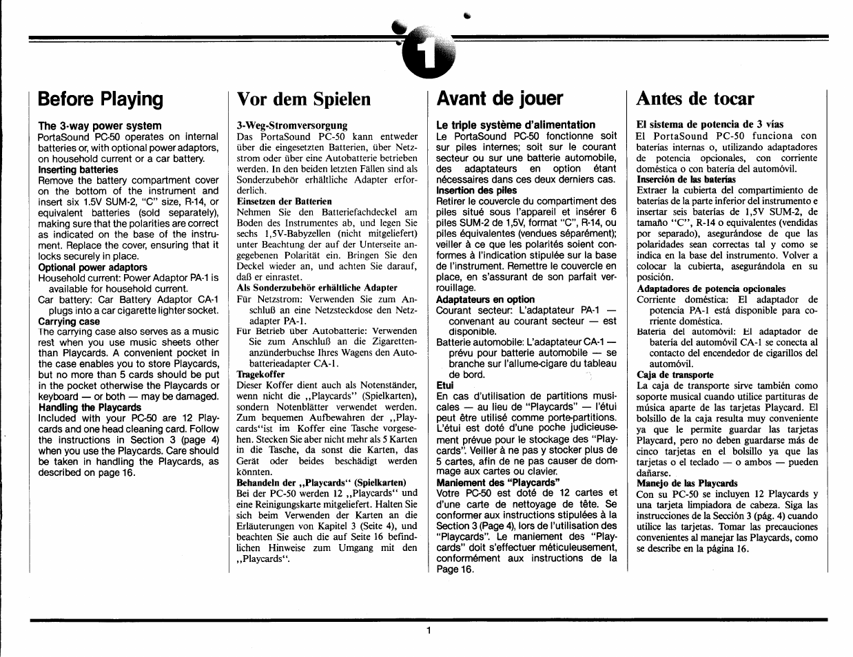 Before playing, The 3-way power system, Vor dem spielen | Avant de jouer, Le triple système d’alimentation, Antes de tocar | Yamaha Portasound PC-50 User Manual | Page 3 / 24