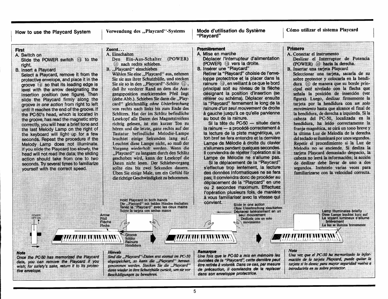 How to use the playcard system, Mode d’utilisation du système “playcard, First | Premièrement, R///a f|/|l| jril, Lini uvuto | Yamaha Portasound PC-50 User Manual | Page 7 / 24