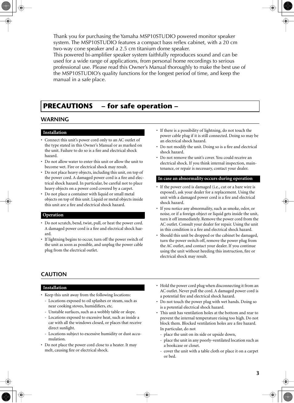 Precautions – for safe operation | Yamaha MSP10STUDIO User Manual | Page 2 / 7