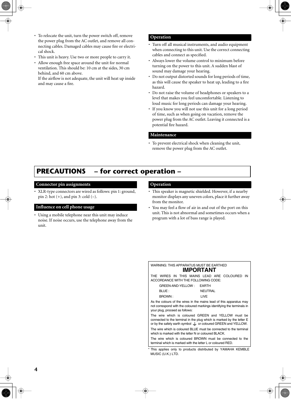 Precautions – for correct operation, Important | Yamaha MSP10STUDIO User Manual | Page 3 / 7