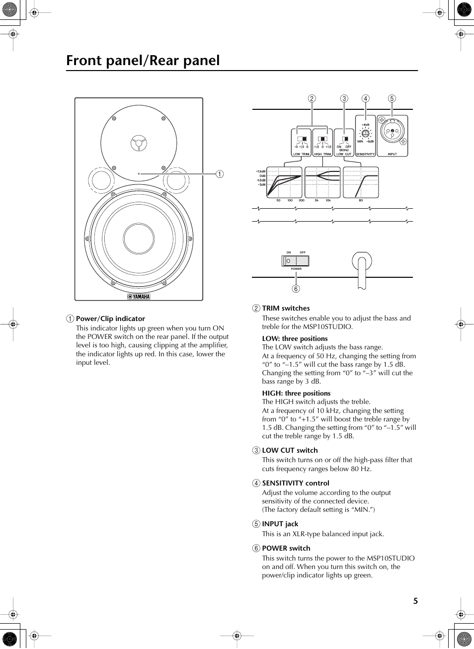 Front panel/rear panel | Yamaha MSP10STUDIO User Manual | Page 4 / 7