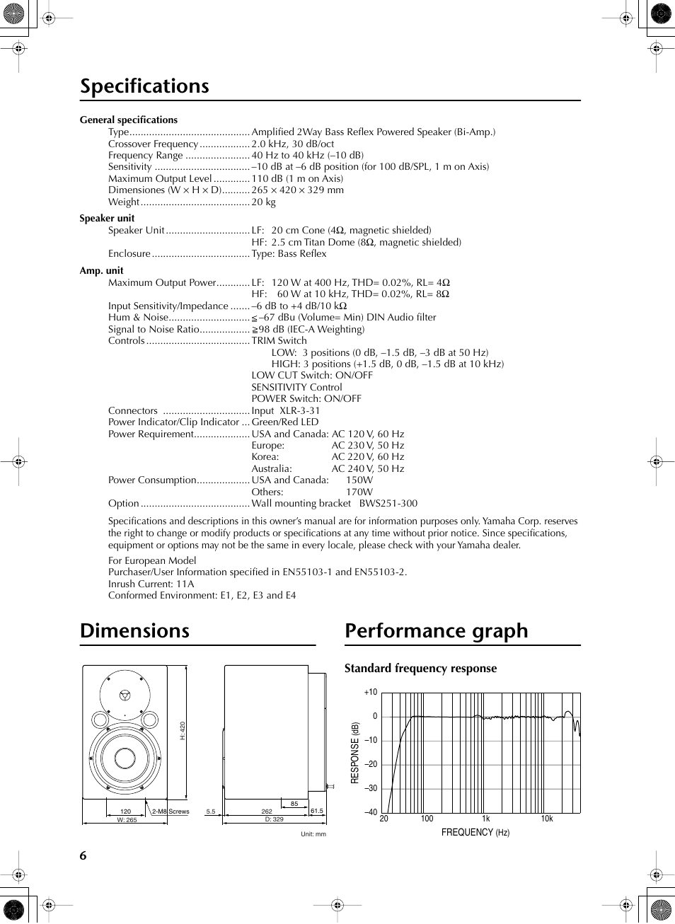 Specifications, Dimensions performance graph | Yamaha MSP10STUDIO User Manual | Page 5 / 7