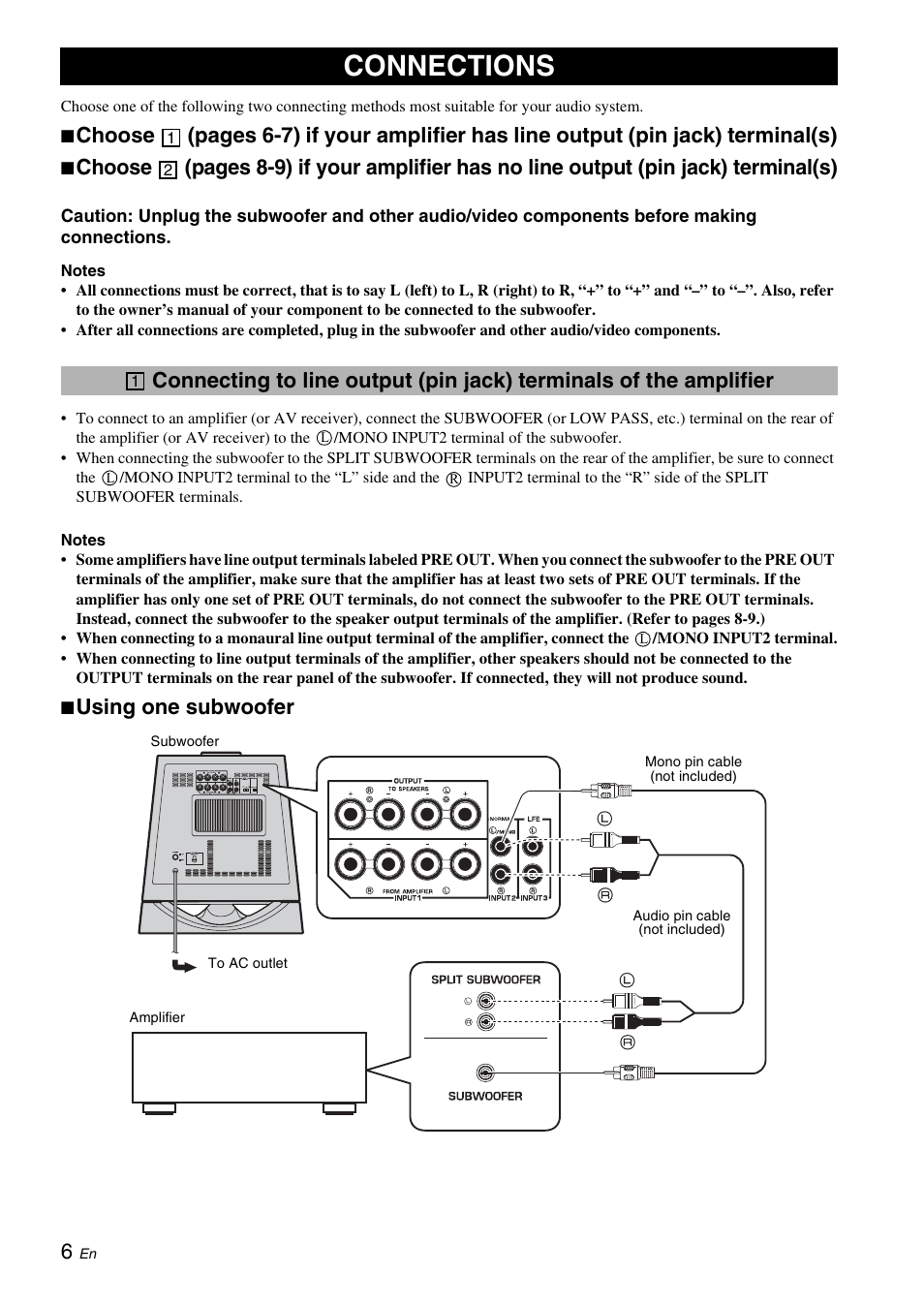 Connections, Using one subwoofer | Yamaha NS-SW700 User Manual | Page 10 / 21