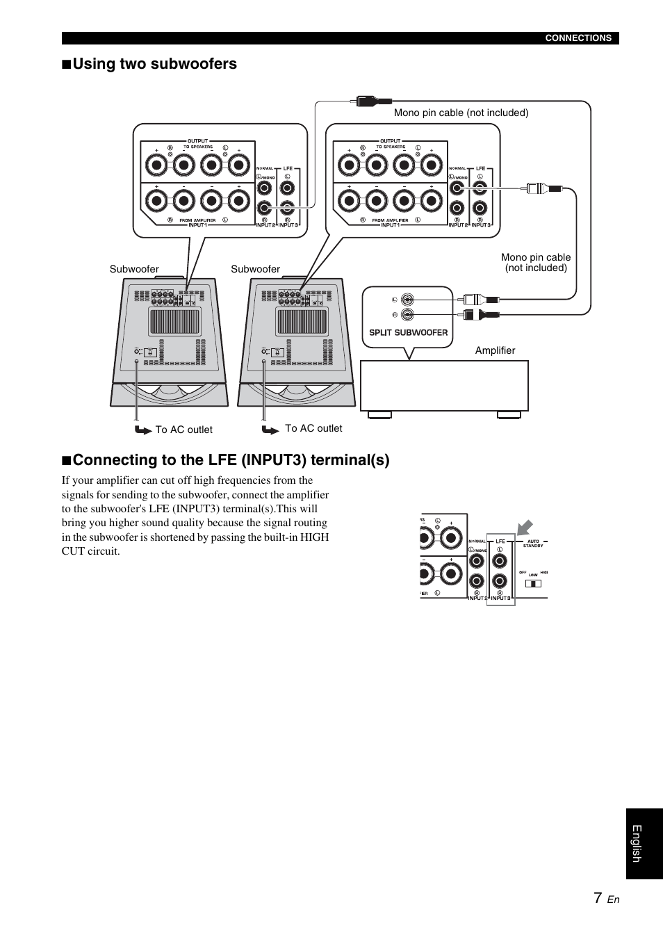 Using two subwoofers, Connecting to the lfe (input3) terminal(s) | Yamaha NS-SW700 User Manual | Page 11 / 21