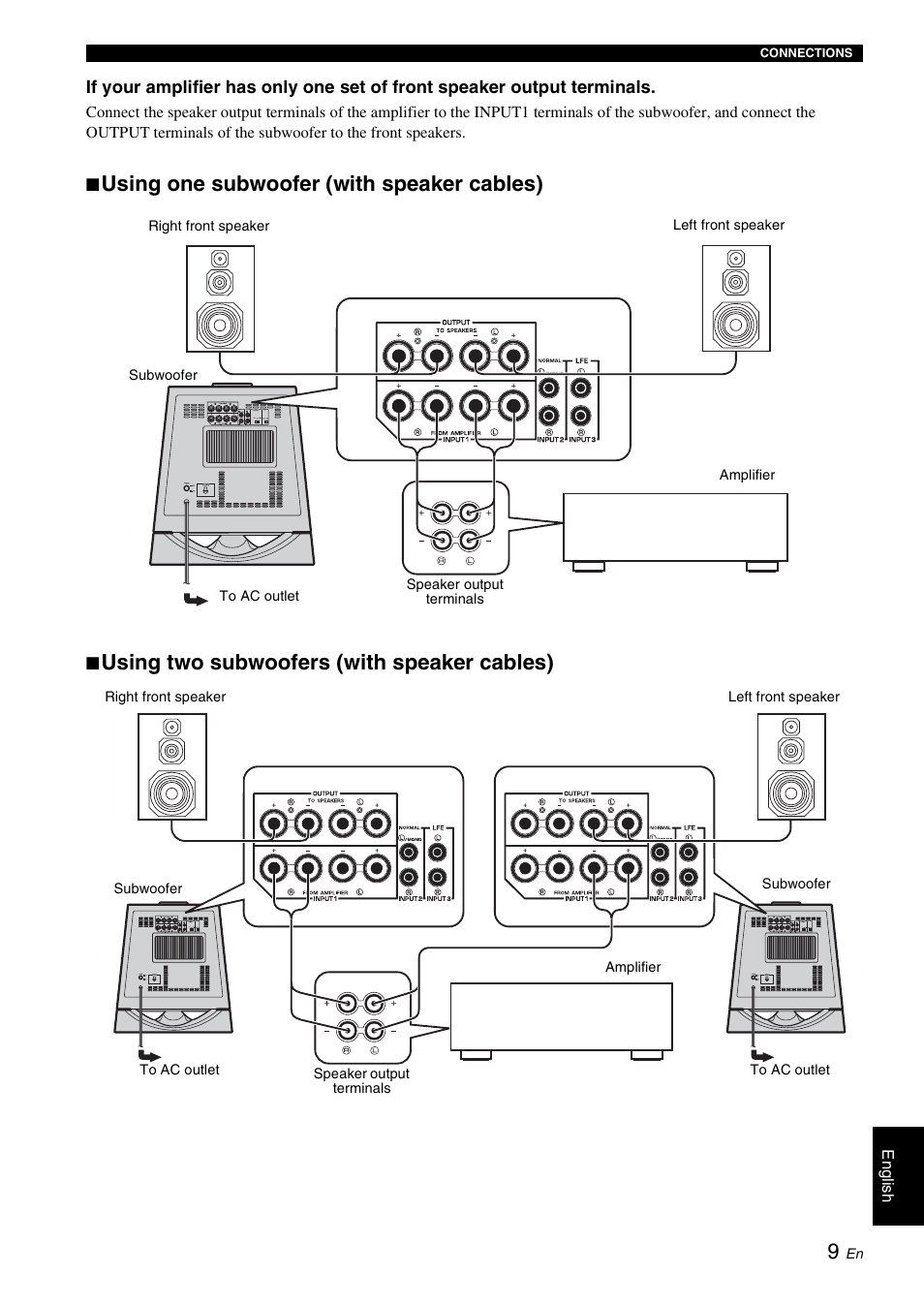 Using one subwoofer (with speaker cables), Using two subwoofers (with speaker cables) | Yamaha NS-SW700 User Manual | Page 13 / 21