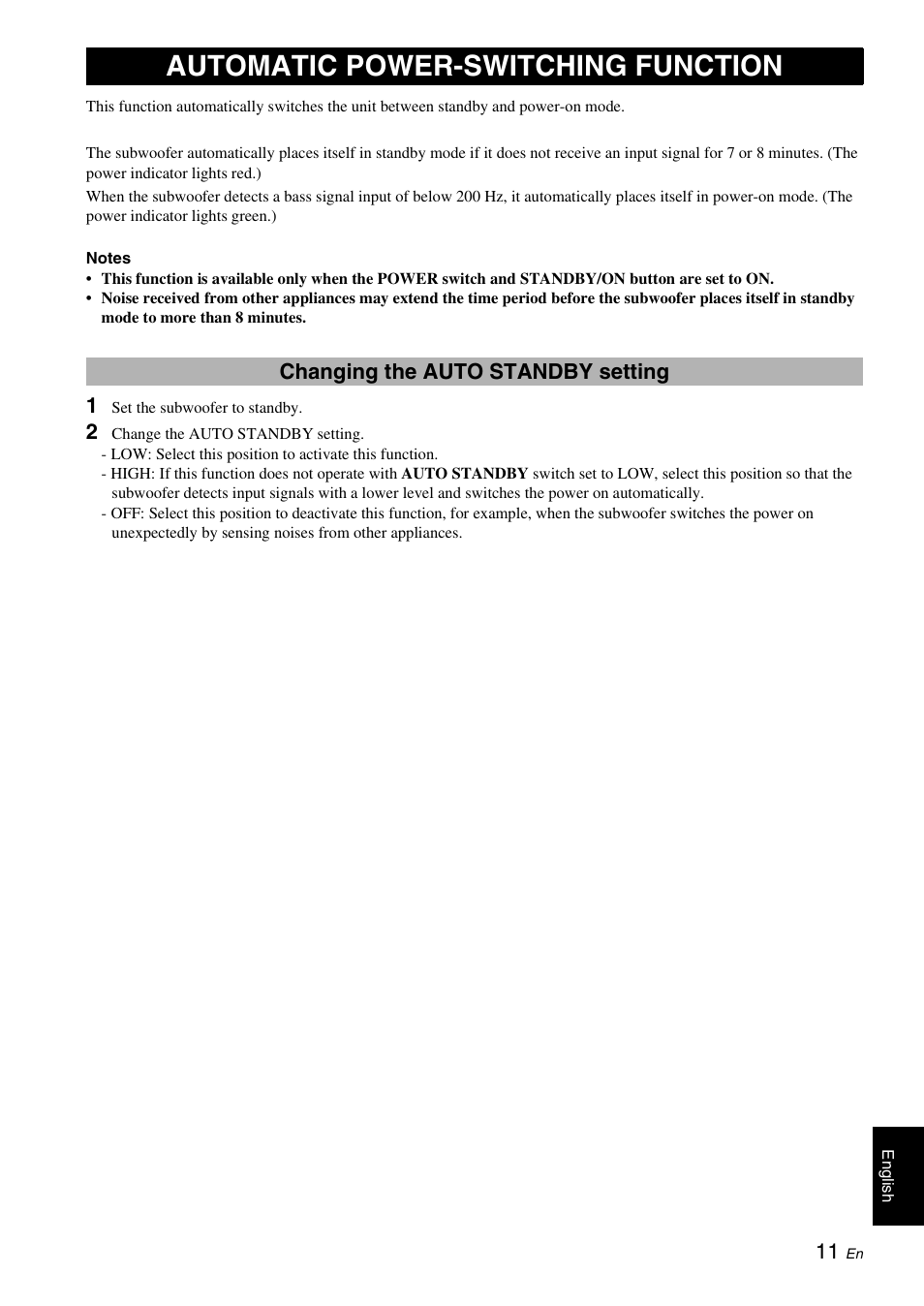 Automatic power-switching function, Changing the auto standby setting | Yamaha NS-SW700 User Manual | Page 15 / 21