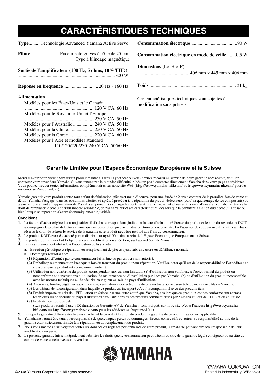 Caractéristiques techniques | Yamaha NS-SW700 User Manual | Page 21 / 21