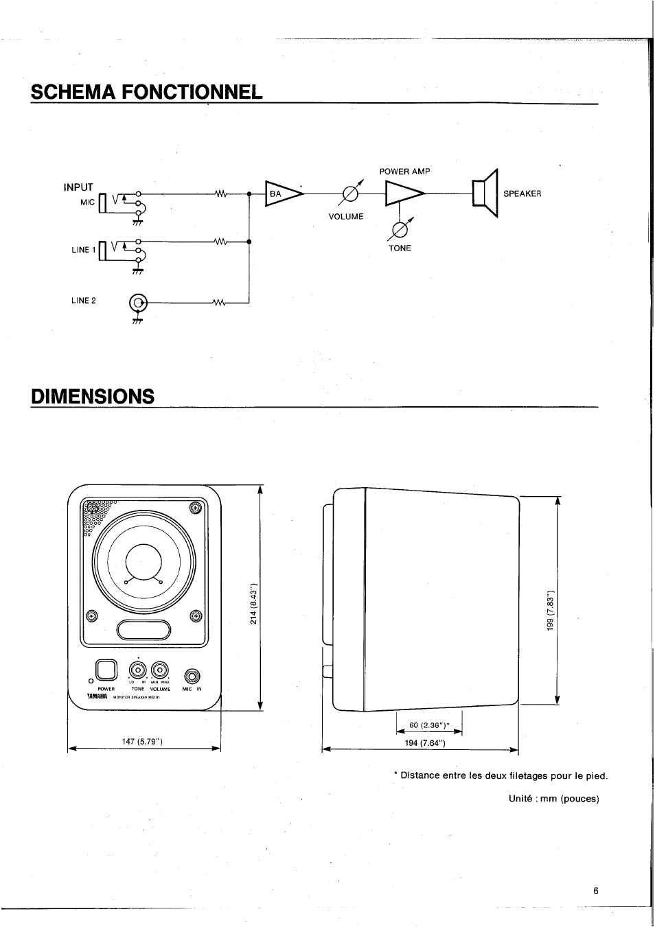 Schema fonctionnel, Dimensions | Yamaha MS101G User Manual | Page 15 / 28