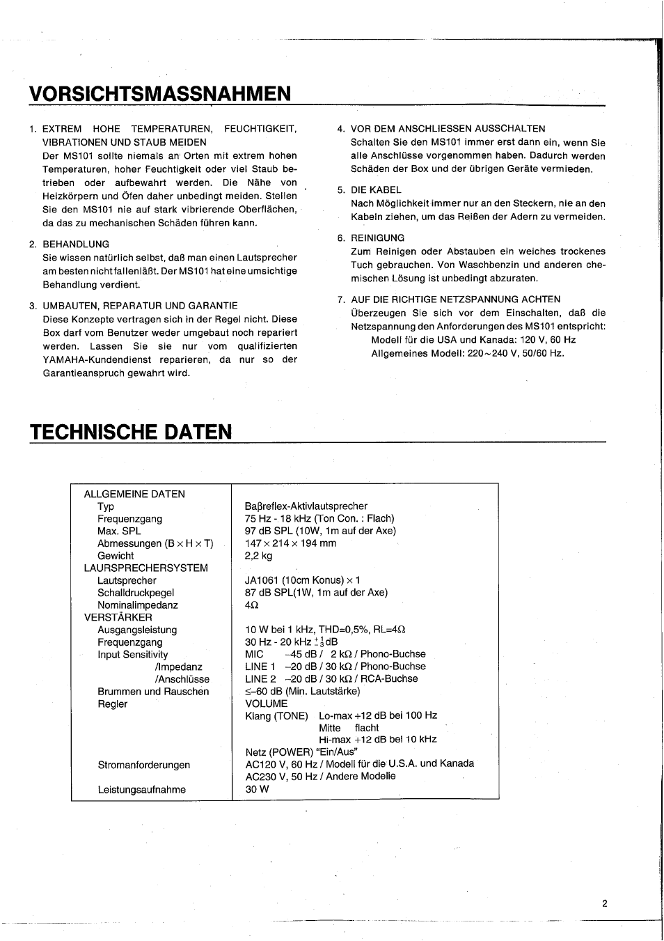 Vorsichtsmassnahmen, Technische daten | Yamaha MS101G User Manual | Page 19 / 28