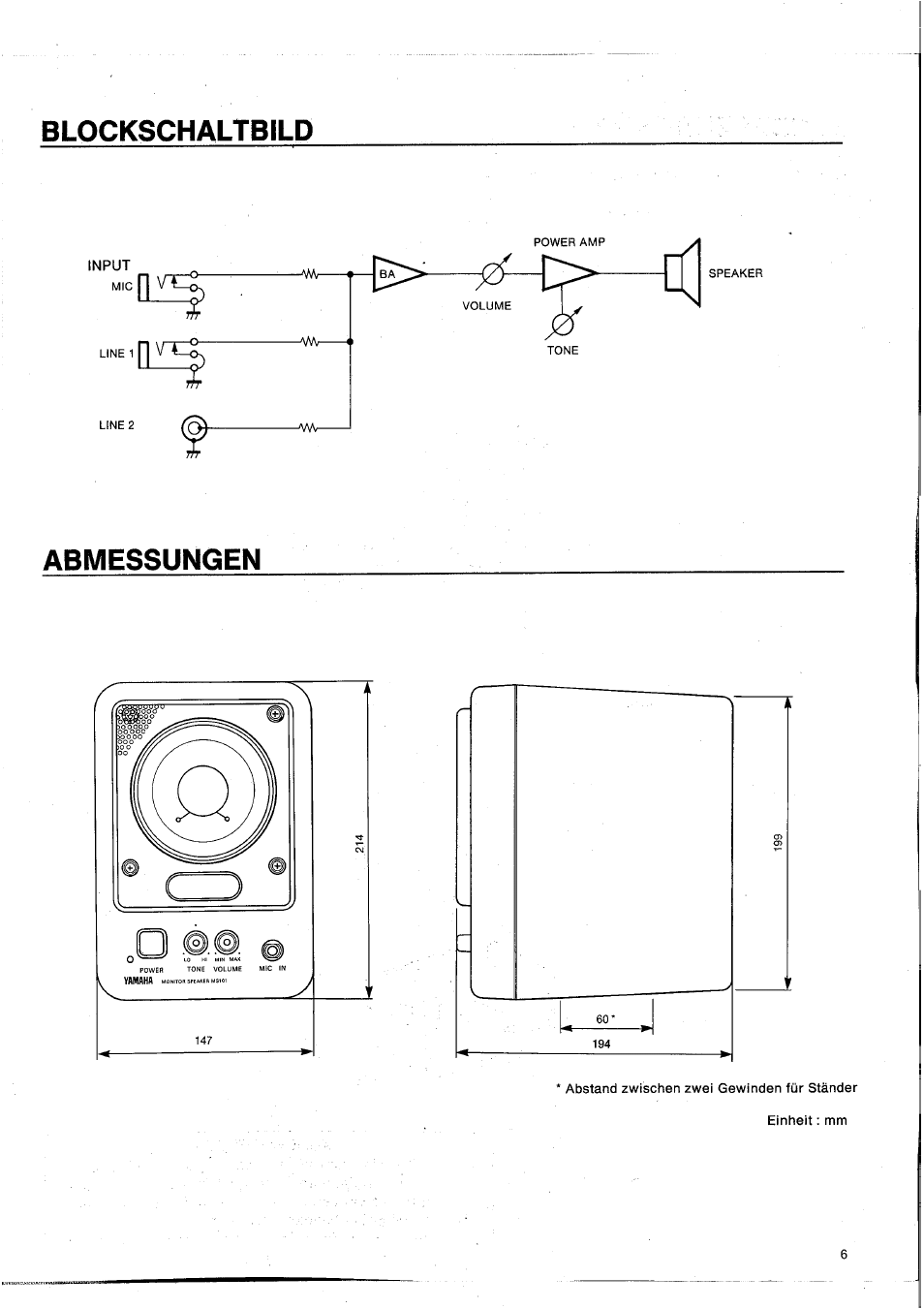 Blockschaltbild, Abmessungen | Yamaha MS101G User Manual | Page 23 / 28