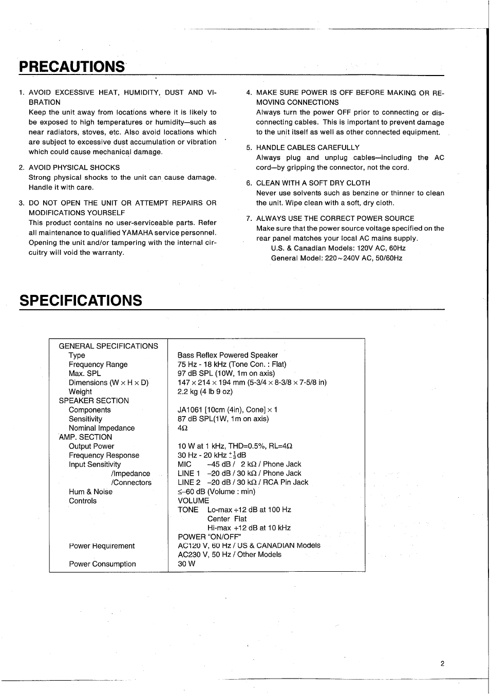 Precautions, Specifications | Yamaha MS101G User Manual | Page 3 / 28