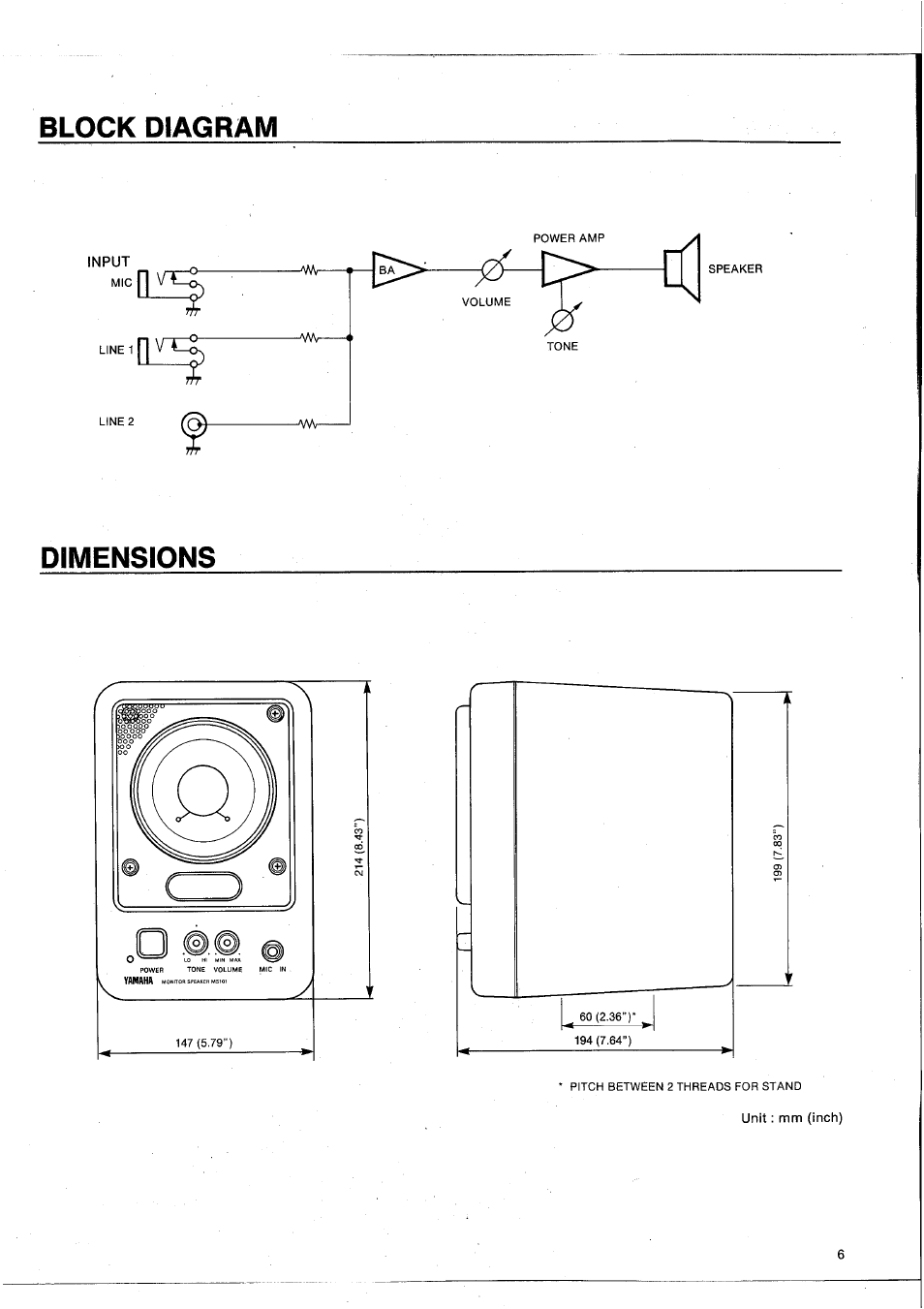 Input, Block diagram, Dimensions | Yamaha MS101G User Manual | Page 7 / 28