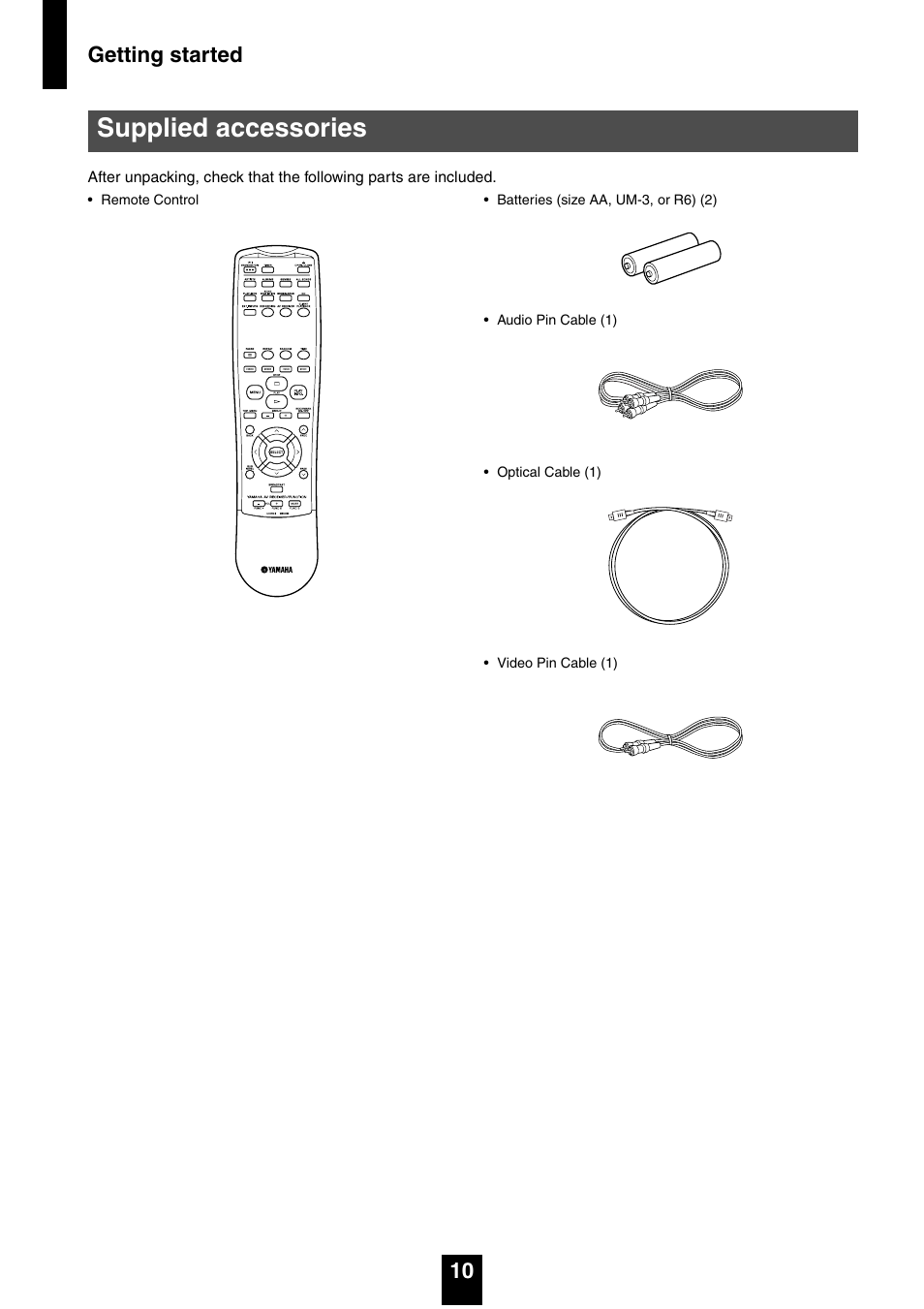 Supplied accessories, Getting started 10 | Yamaha mcx-1000 User Manual | Page 10 / 148