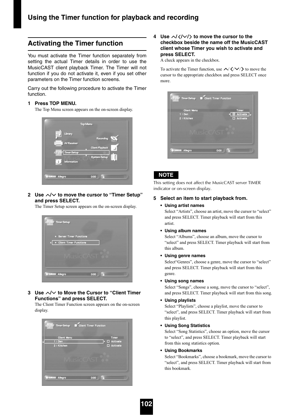 Activating the timer function | Yamaha mcx-1000 User Manual | Page 102 / 148