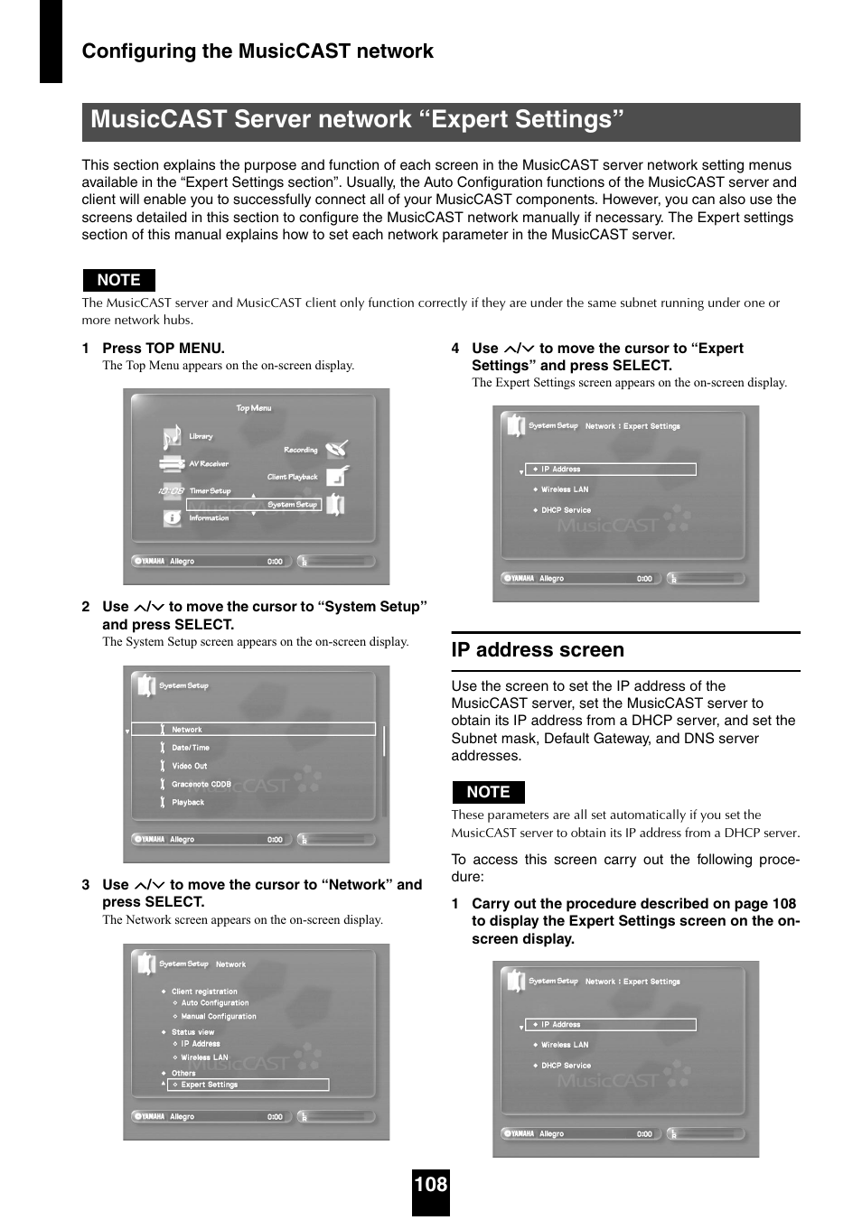 Musiccast server network “expert settings, Ip address screen, Configuring the musiccast network 108 | Yamaha mcx-1000 User Manual | Page 108 / 148