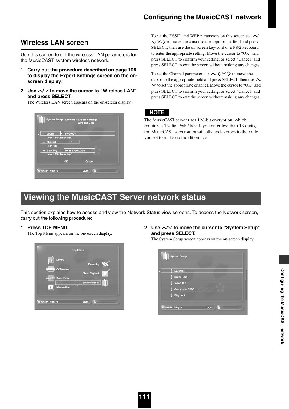 Wireless lan screen, Viewing the musiccast server network status | Yamaha mcx-1000 User Manual | Page 111 / 148