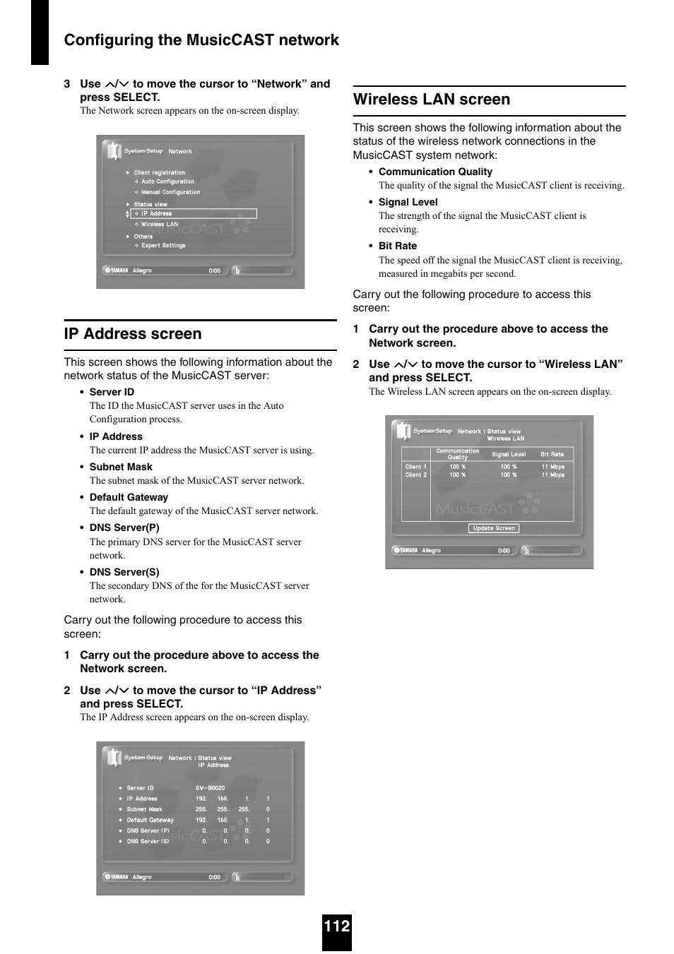 Ip address screen, Wireless lan screen, Ip address screen wireless lan screen | Configuring the musiccast network 112 | Yamaha mcx-1000 User Manual | Page 112 / 148