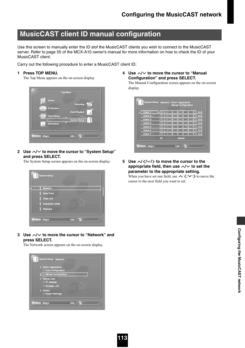 Musiccast client id manual configuration, Configuring the musiccast network 113 | Yamaha mcx-1000 User Manual | Page 113 / 148