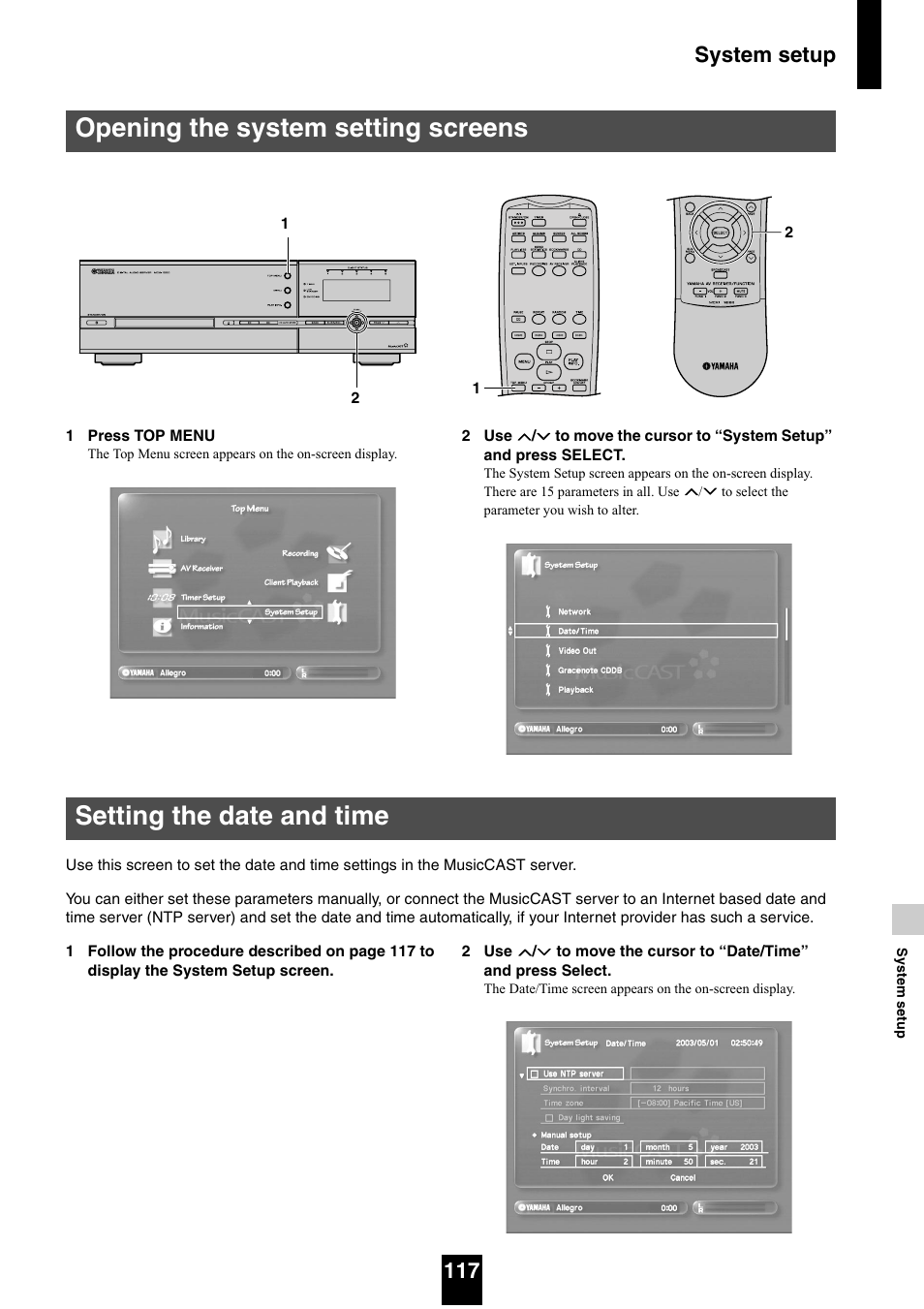 Opening the system setting screens, Setting the date and time, System setup 117 | Yamaha mcx-1000 User Manual | Page 117 / 148