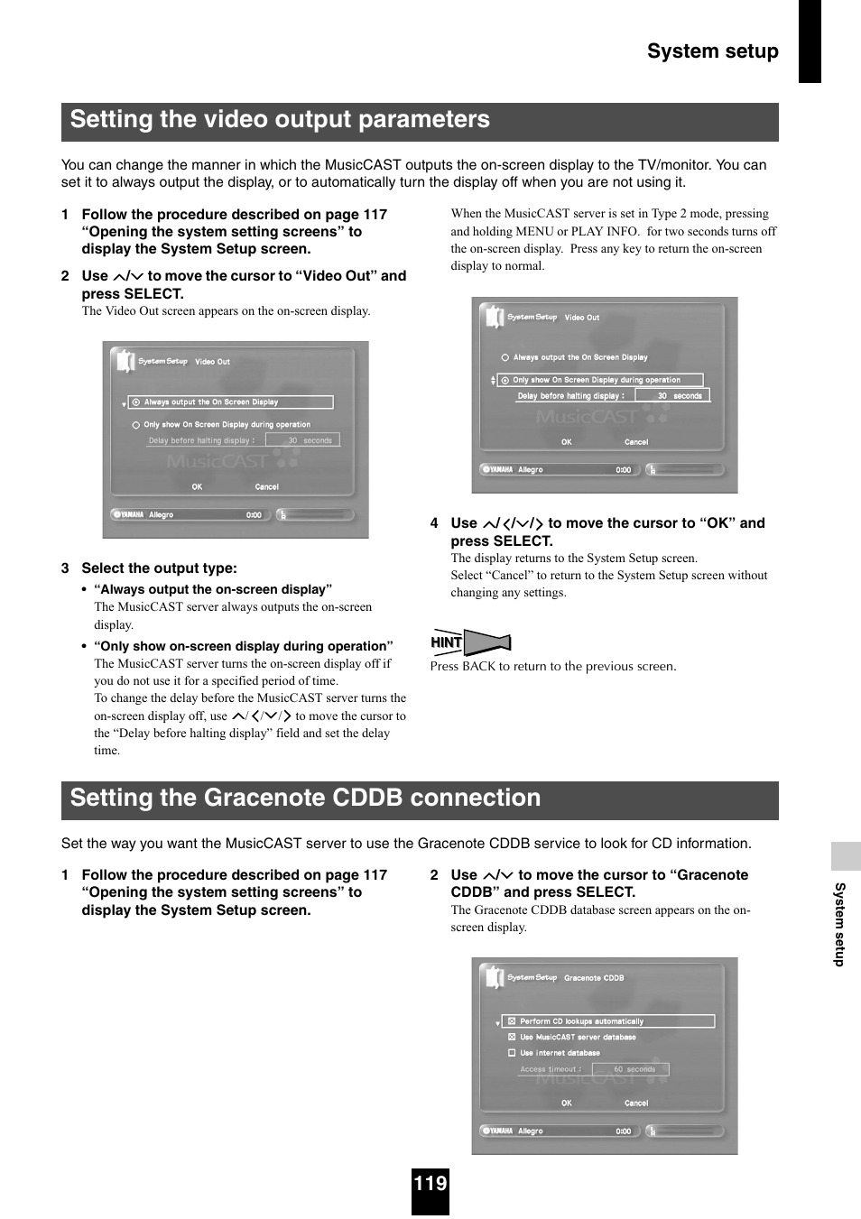 Setting the video output parameters, Setting the gracenote cddb® connection, System setup 119 | Yamaha mcx-1000 User Manual | Page 119 / 148