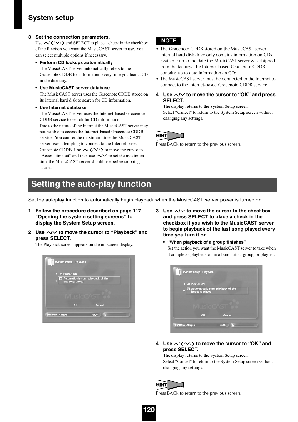 Setting the auto-play function, System setup 120 | Yamaha mcx-1000 User Manual | Page 120 / 148