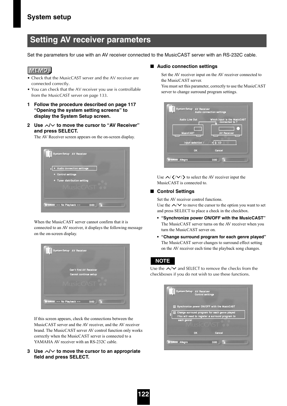 Setting av receiver parameters, System setup 122 | Yamaha mcx-1000 User Manual | Page 122 / 148